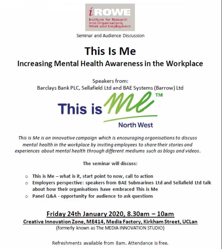Mental Health In The Workplace Seminar - UCLAN - 8.30am -10am - 24/01/20